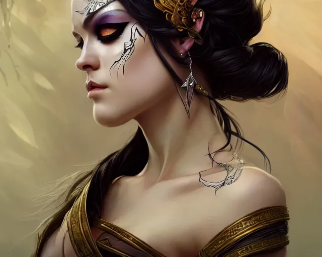 Image similar to eye makeup inspired by a magpie, deep focus, d & d, fantasy, intricate, elegant, highly detailed, digital painting, artstation, concept art, matte, sharp focus, illustration, hearthstone, art by artgerm and greg rutkowski and alphonse mucha