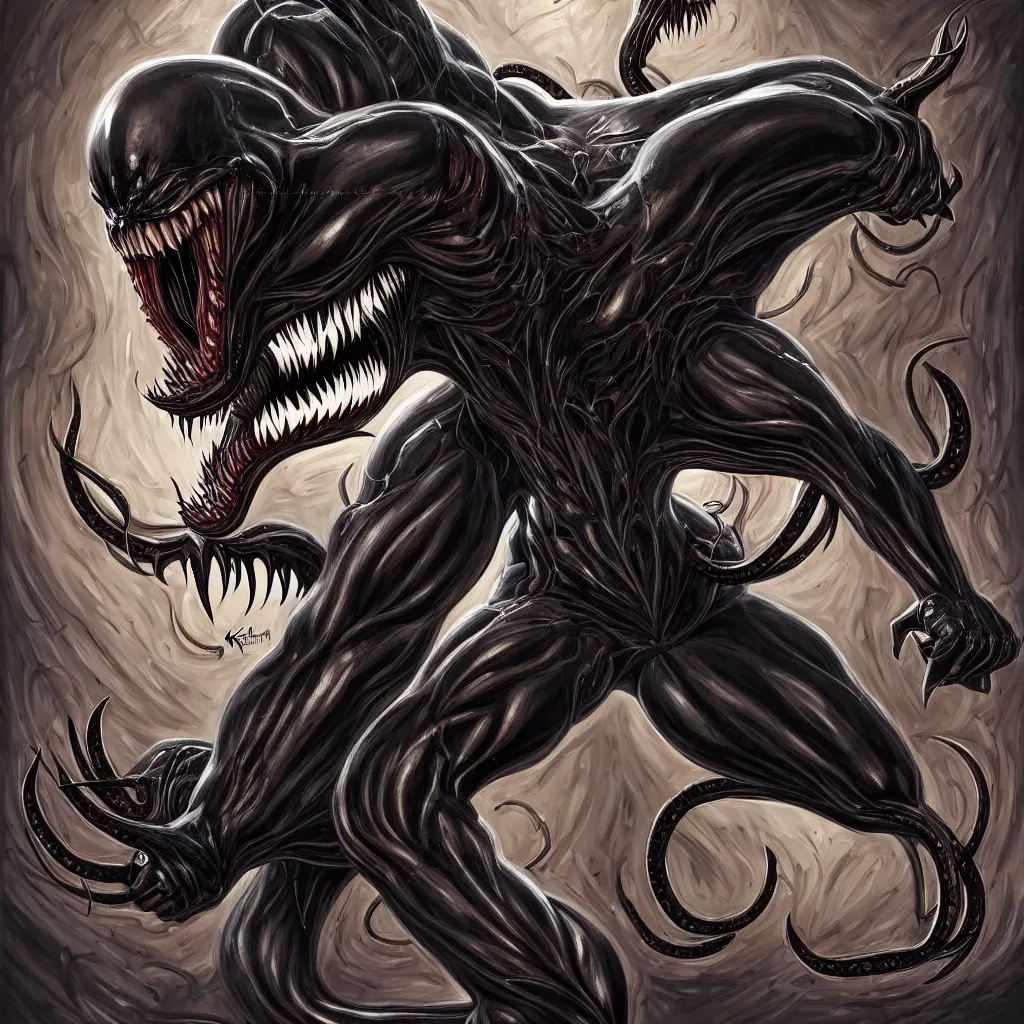 Image similar to anatomically acurate full body long shot venom from marvel comics!!!!, large mouth with teeth, lovecraftian horror!, surrealism, fantasy, intricate, elegant, highly detailed, digital painting, artstation, concept art, matte, sharp focus, illustration, art by keith thompson and christopher lane