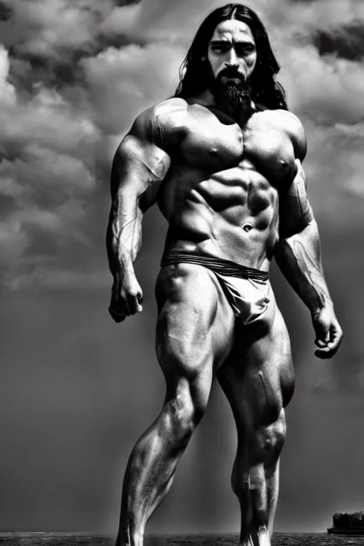 Image similar to Jesus Christ is a jacked muscle builder gigachad, grayscale photography