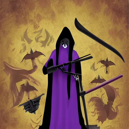 Image similar to grim reaper, purple cloak, full body, scythe