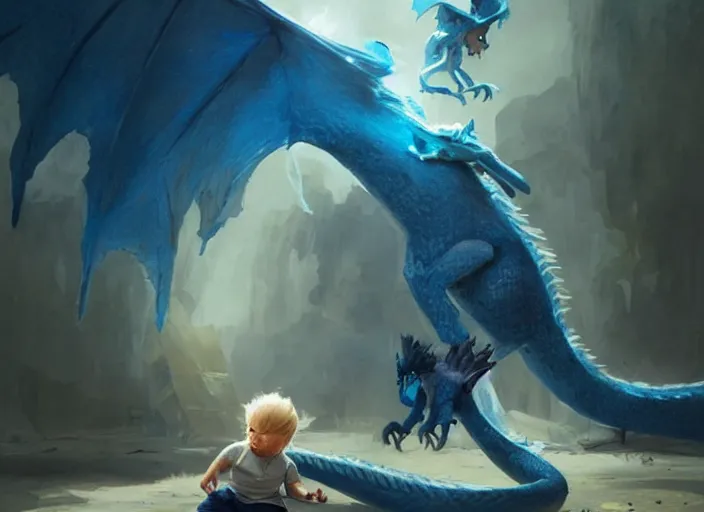 Image similar to a cute little boy with tousled blonde hair and blue eyes holds a blue baby dragon, beautiful fantasy art by greg rutkowski.