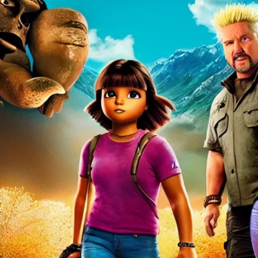 Prompt: still from the movie with Dora the Explorer (played by Lara Croft) and Guy Fieri (played by Anthony Hopkins), award-winning cinematography, 4k