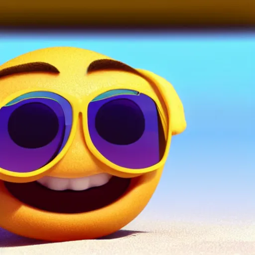 Prompt: a clean 3d render, octane render, pixar still of a smiling lemon with sunglasses laying on the beach, happy, chill vibe