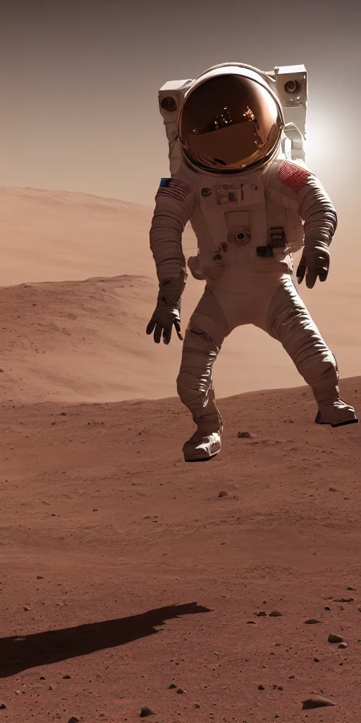 Image similar to concept art, american astronaut landing on mars, musk's mars project, future technology, backlight, epic, high detail, 8 k, octane rendering, unreal engine.