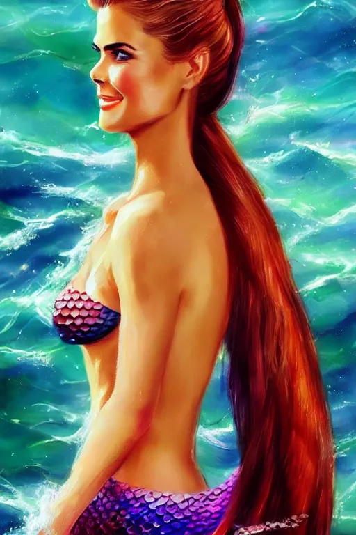 Image similar to portrait of a mix of beautiful young maria shriver, mariel hemmingway, brooke shields, nicole kidman and elle macpherson as a mermaid, thin lips, hair tied up in a pony tail, colorful artstation, cgsociety