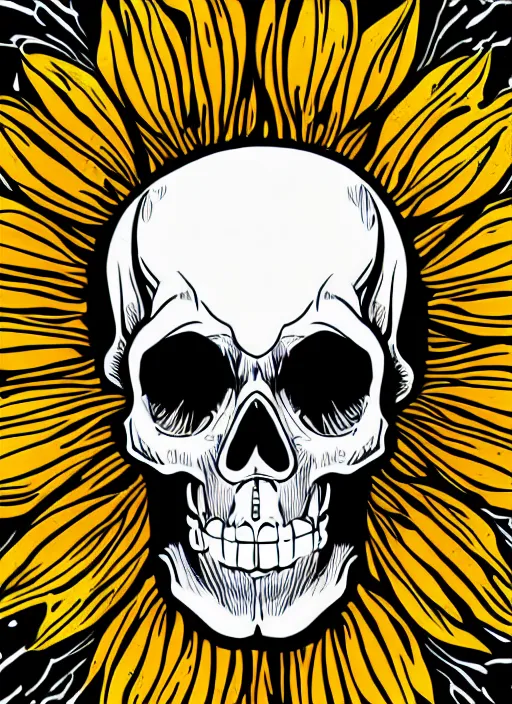 Prompt: skull head in the middle of a sunflower, spooky halloween theme, illustration line art style