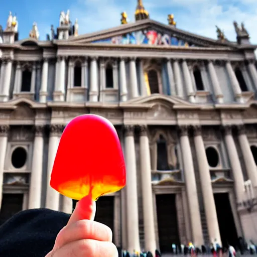 Image similar to artistic photograph of a man showing middle finger with color condom on it from behind by ai weiwei, st peter's basilica slighly out of focus in background