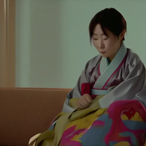 Prompt: woman in hanbok sitting on a couch, starfish monster's shadow is seen behind her, korean interior, cinematography by denis villeneuve and akira kurosawa and ishiro honda