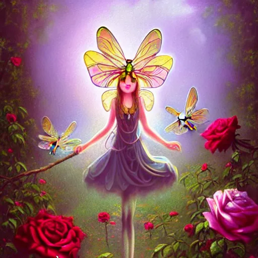 Prompt: tiny whimsical pixies with dragonfly wings in a garden flying over rose bushes, ornate gilded details, pastel colors, a surrealist painting, wiccan, featured on cgsociety, pop surrealism, surrealist, dramatic lighting