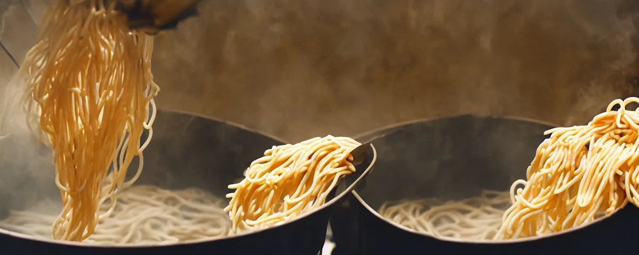 Image similar to medium shot of spaghetti being cooked in a large pot, minimal, sharply focused, canon 5 0 mm, wes anderson film, kodachrome