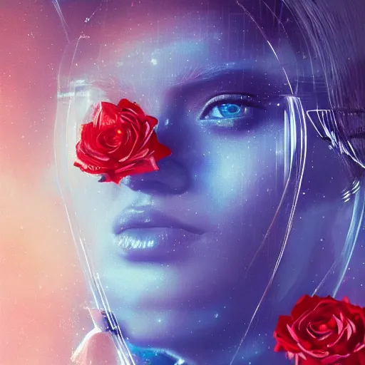 Prompt: 3 d, sci - fi, close - up, fashion model face, stars, cinematic, clouds, sun rays, vogue cover style, poster art, blue mood, realistic painting, intricate oil painting, high detail illustration, small red roses, figurative art, multiple exposure, poster art, by tooth wu and wlop and beeple and greg rutkowski