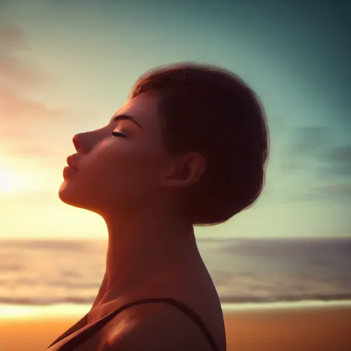 Image similar to aesthetic photo of a woman looking up crying at a beach at sunset, dslr, award winning, 8 k, octane beautifully detailed render, warm mood, cinematic lighting, detailed photo, masterpiece, volumetric lighting, ultra realistic, highly detailed, high quality, lossless, photorealistic, sharp focus, hd