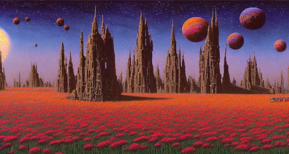 Prompt: a beautiful painting of a large walking castle in a field of flowers by moebius, underneath a star filled night sky, harold newton, zdzislaw beksinski, donato giancola, warm coloured, gigantic pillars and flowers, maschinen krieger, beeple, star trek, star wars, ilm, atmospheric perspective