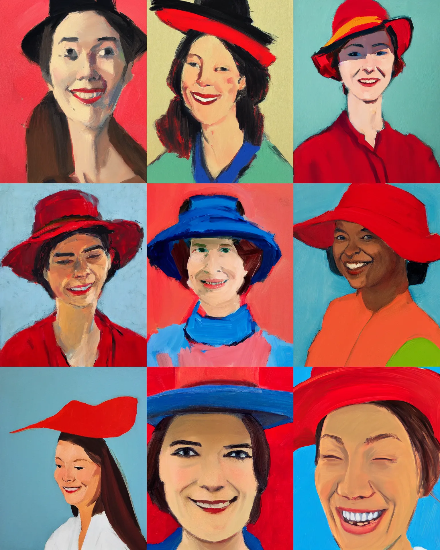 Prompt: portrait of a smiling woman with hat, red shirt, colorful, by alex katz, trending on artstation, close up