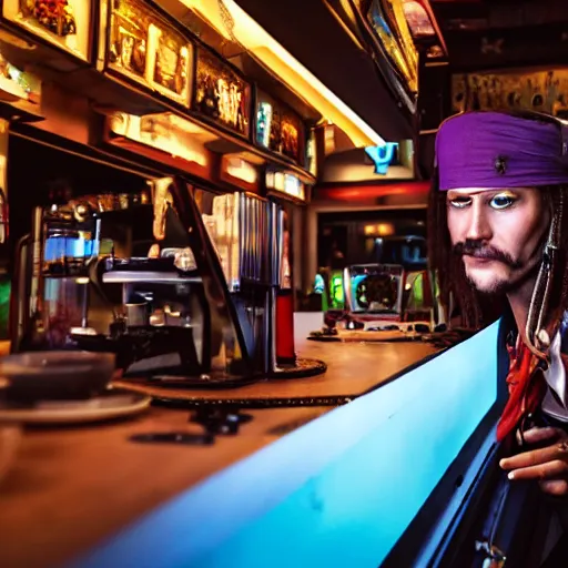 Image similar to a high quality portrait of a pirate in a cyberpunk cafe realism 8k