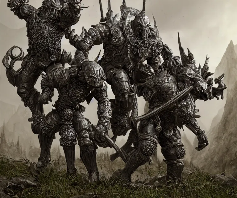 Image similar to trailcam footage grotesque horrific stylistic vray 3 d render of silver ornate armor slim bodybuilder handsome warriors in battle, mountains and giant gothic abbeys, hyperrealism, fine detail, 8 k, artsation contest winner, cgsociety, fantasy art, cryengine, brush strokes, oil canvas by mandy jurgens and michael whelan