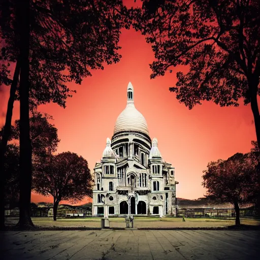 Image similar to abandoned Basilica of Sacré Coeur de Montmartre, toxic orange and pink clouds strain the sunlight, stark contrasting lighting, contrejour, a two-headed mutated deer-like creature looks on in the distance from the sparse twisted silhouetted foliage, a highly detailed colorful matte painting by Scott Listfield and Mikko Lagerstedt, featured on Artstation, Unreal Render, 8k HDR, fisheye