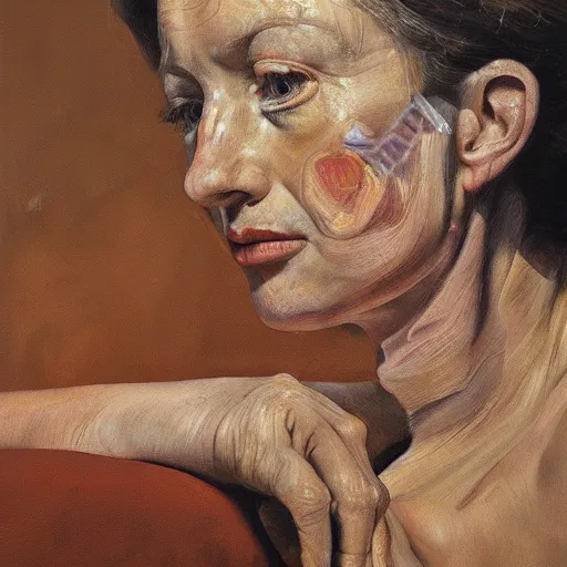 Image similar to high quality high detail painting by lucian freud, hd, exaggerated portrait of a beauty queen, photorealistic lighting