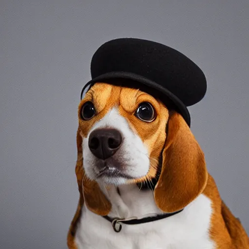 Image similar to beagle cat with a hat, black background, head shot, studio, 38mm