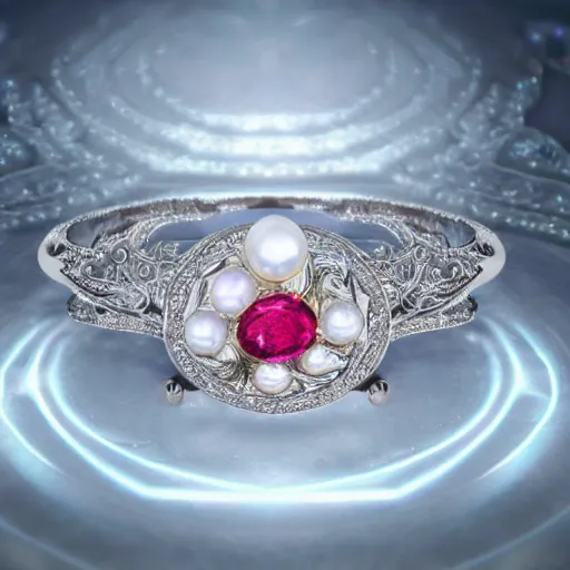 Prompt: a beautiful diamond wedding ring made of platinum glowing in sparkles with heavenly notes neo rococo, pearls and ruby, highly detailed sailor moon aesthetic, fantasy, intricate, elegant, highly detailed, digital painting, artstation, concept art, matte, sharp focus, illustration