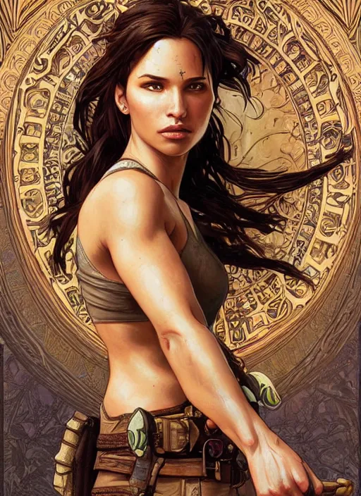 Image similar to Lara Croft as a beautiful woman, fantasy, intricate, elegant, highly detailed, centered, digital painting, artstation, concept art, smooth, sharp focus, illustration, art by artgerm and donato giancola and alphonse mucha