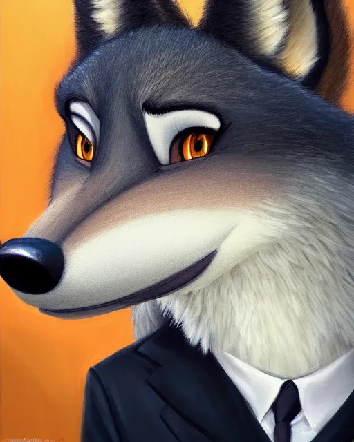 Image similar to oil painting of anthromorphic female wolf, in style of zootopia, female fursona, furry, furaffinity, 4 k, deviantart, furry art, fursona art, wearing black business suit, business suit, wolf fursona, female, very expressive detailed feminine face,