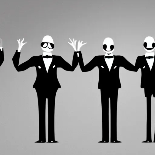 Image similar to a group of faceless humans with long limbs wearing tuxedos