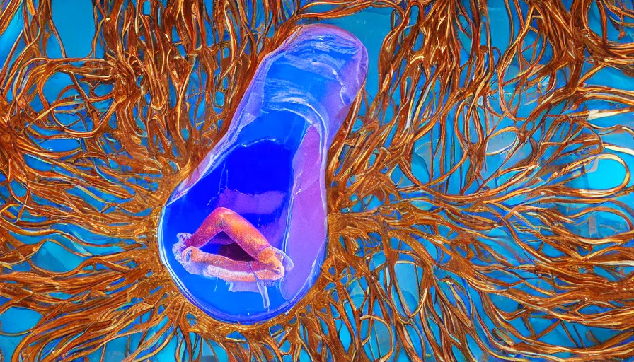 Prompt: fantastical, sweeping, metallic collage, painstakingly precise and meticulously delicate layers of mylar rainbow sculptures of a human squid embryo inside a copper sulphate sphere. perfect focus and discrete smooth bezier outlines. 3 5 mm film, flood lighting, museum display