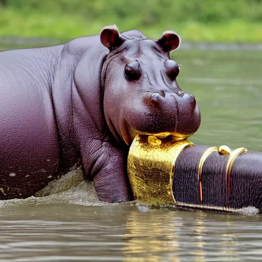 Image similar to a hippopotamus with a golden trophy in its mouth. photograph.