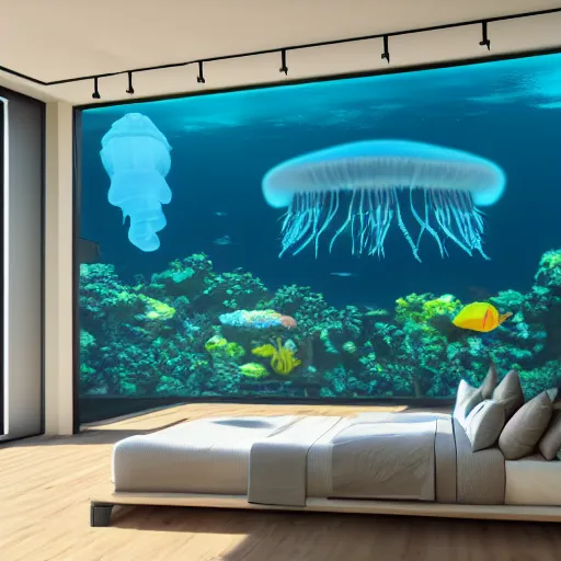 Image similar to the realistic photo of the modern room as aquarium with a big neonic jellyfish and corals, under the ocean, realistic colors, realistic shadows, daylight made in blender, hd, 3 d by beeple and damian hirst