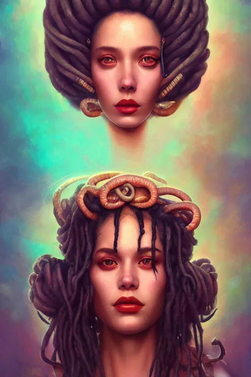 Prompt: portrait of an king queen with dreads snake hair, straight on portrait, by artgerm, tom bagshaw, gerald brom, vaporwave colors, lo fi colors, vaporwave, lo fi, 2 point studio lighting, dramatic lighting, 4 k, hd,