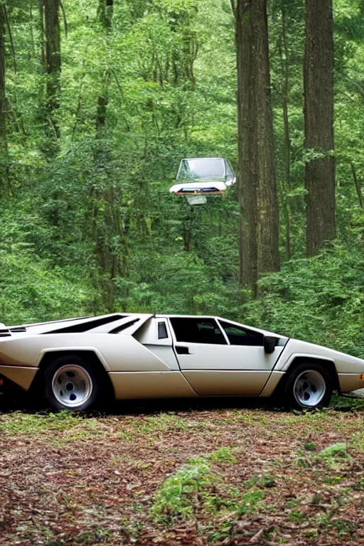 Image similar to 1988 Lamborghini Countach floating in mid-air Abandoned in the Woods