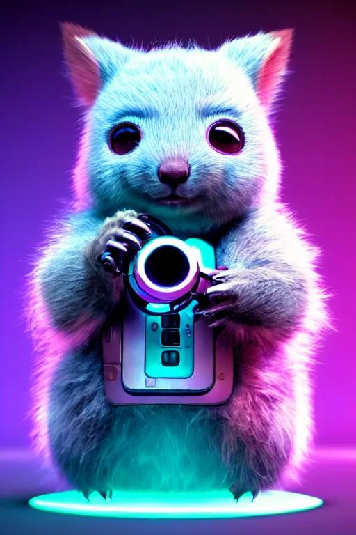 Image similar to high quality 3 d render neo - cyberpunk very cute half fluffy! wombat!! half cyborg with futuristic headphones, pastel mechanical! paw, cyberpunk monocle!, highly detailed, unreal engine cinematic smooth, in the style of detective pikachu, hannah yata charlie immer, neon purple light, low angle, uhd 8 k, sharp focus