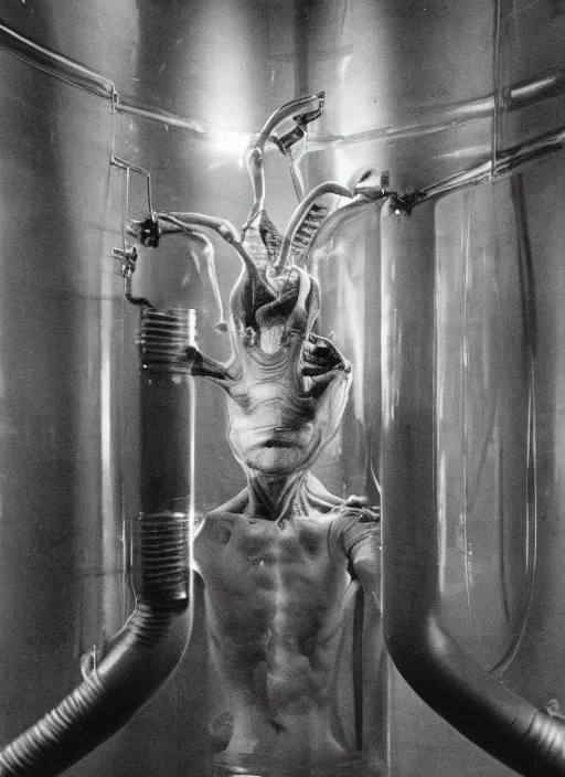 Prompt: a weird humanoid alien is suspended in a tank of dense liquid, hands held up by the pressure inside the tank, tubes coming from the top of the tank connecting to the alien's body, back lit, green glow, 35 mm film photography