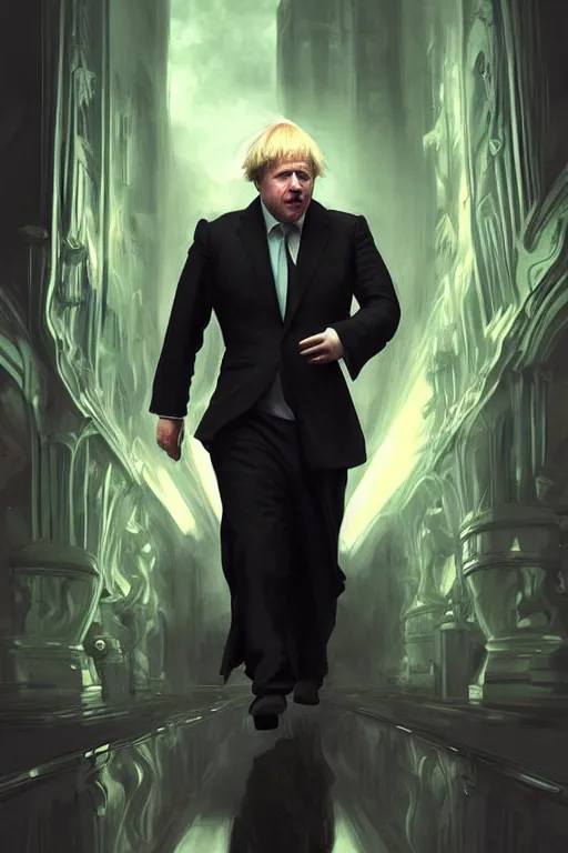 Image similar to Boris Johnson as Neo from Matrix in shades stoping bullets, Boris Johnson hairstyle, full body realistic portrait, highly detailed, muscular body, digital painting, artstation, concept art, smooth, sharp focus, illustration, cinematic lighting, art by artgerm and greg rutkowski and alphonse mucha