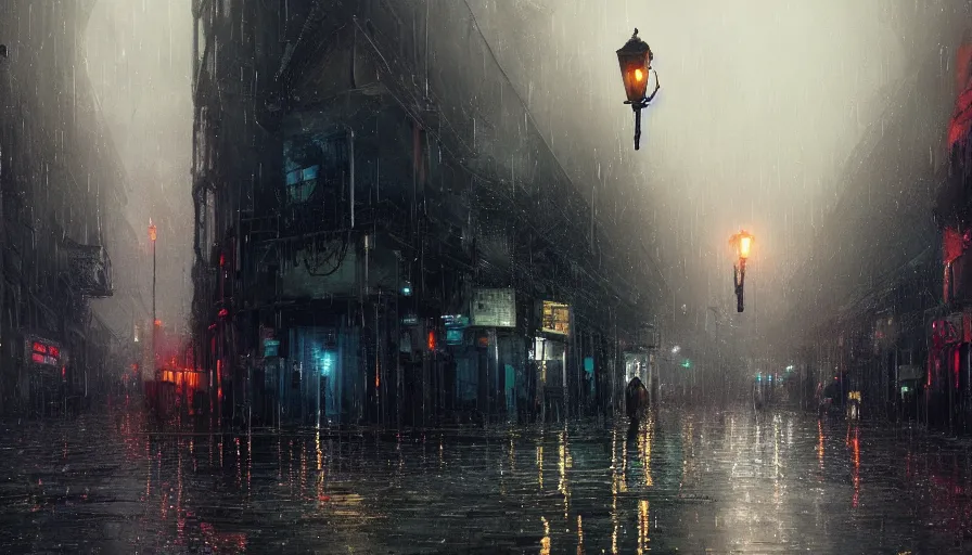 Image similar to A digital painting of a close-up view of a raining cyberpunk street, some street lights and padestrians, by Ismail Inceoglu and Caspar David Friedrich, stunning, photorealistic, highly-detailed, 4k, ue5, light effect, rtx on, realistic, cinematic, IMAX quality, trending on artstation