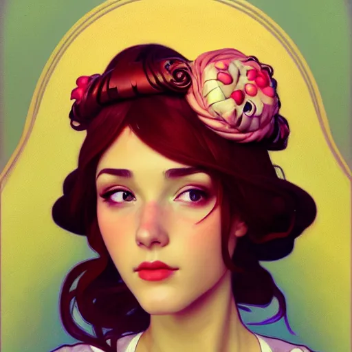 Image similar to portrait of a girl with a bundt cake on her head, digital art, cinematic, concept art, 8k, painting, imaginefx, cgsociety, art nouveau, Alphonse Mucha, trending on artstation