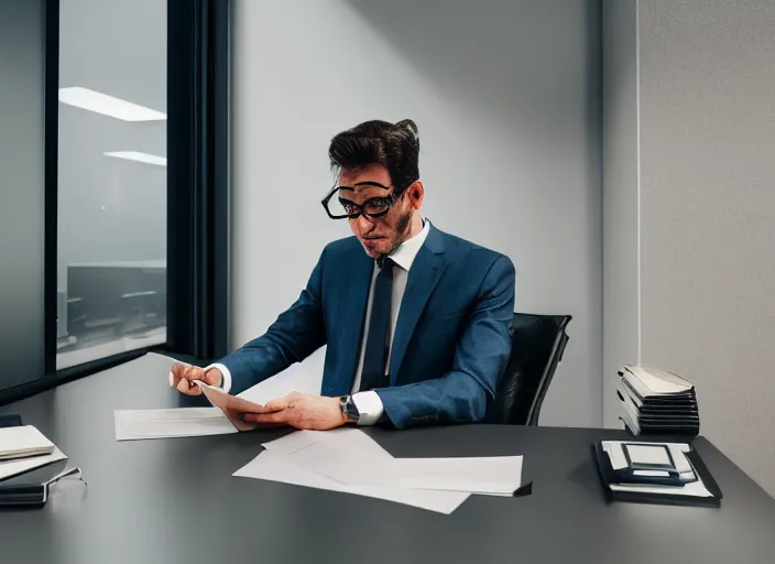 Prompt: photo of a real lizardman in a suit and glasses, reading a document at a desk in an office. Highly detailed 8k. Intricate. Sony a7r iv 55mm. Award winning.