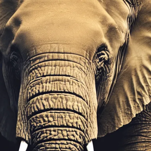 Image similar to a detailed, close - up photograph of an elephant with tiger skin