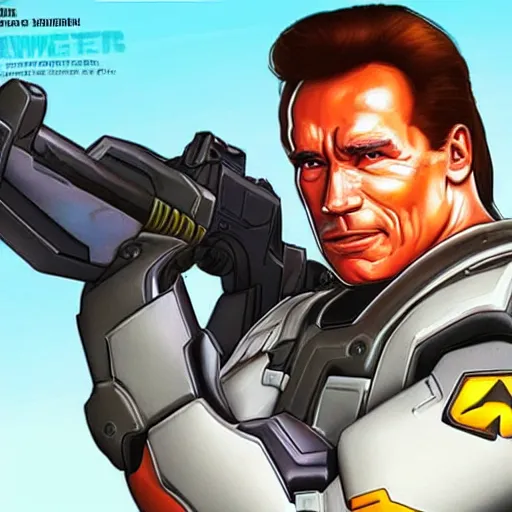 Prompt: Schwarzenegger as an Overwatch Hero