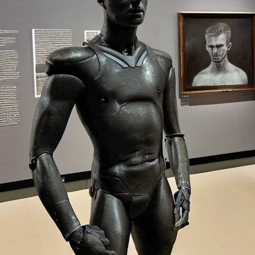 Image similar to “ a realistic detailed photo of a guy who is an attractive humanoid who is half robot and half humanoid, who is a male android, football player christian mccaffrey, shiny skin, posing like a statue, blank stare, at the museum, on display ”