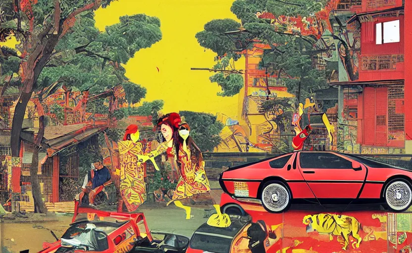 Image similar to a red delorean and a yellow tiger in ajegunle slum of lagos - nigeria, painting by hsiao - ron cheng, utagawa kunisada & salvador dali, magazine collage style,