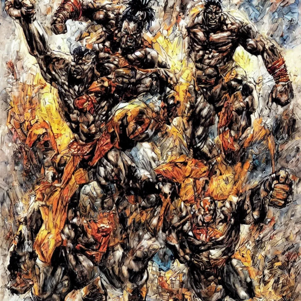 Image similar to art style simon bisley, big african superhero raising fist