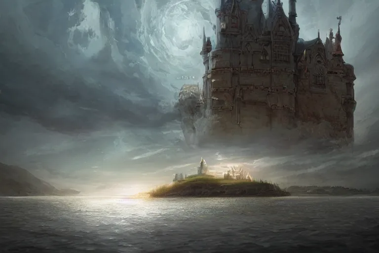 Prompt: a mysterious castle floating in the middle of a vast lake by a farm and a futuristic spaceship enters the atmosphere through a gap in the clouds, cinematic lighting, ultra realistic by sabbas apterus