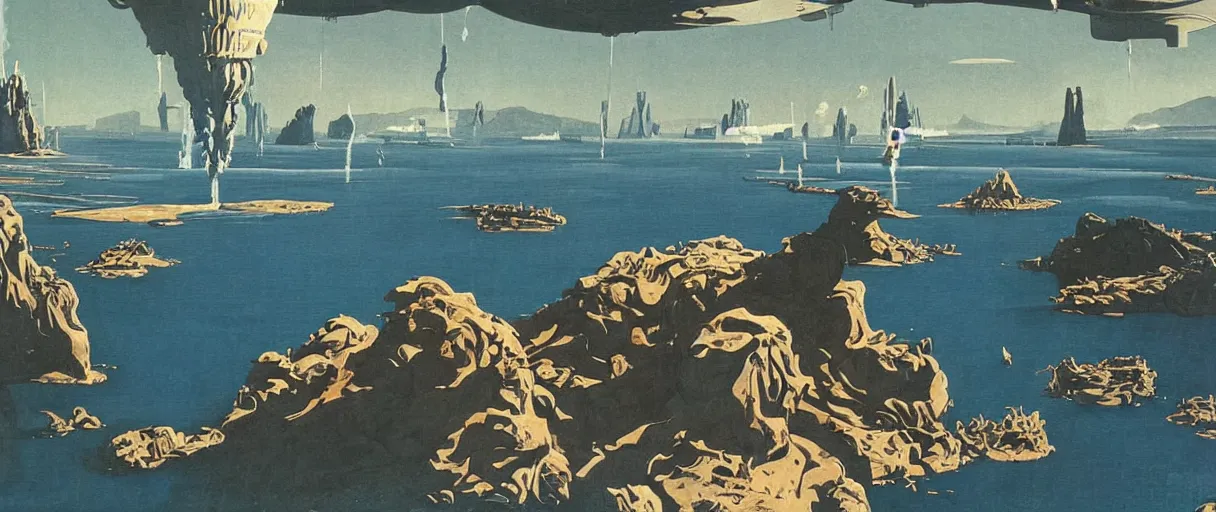 Prompt: the dripping paint monster washing their laundry in the bay by chesley bonestell , cinematic atmosphere, establishing shot