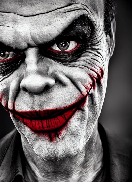 Image similar to photo of Hugo Weaving as the Joker by Lee Jeffries , big smile, head shot, detailed, award winning, Sony a7R