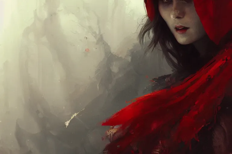 Prompt: red riding hood, wolf, close up, sunlit, paint texture, digital painting, highly detailed, artstation, sharp focus, illustration, concept art, ruan jia, charlie bowater, tom bagshaw, norman rockwell