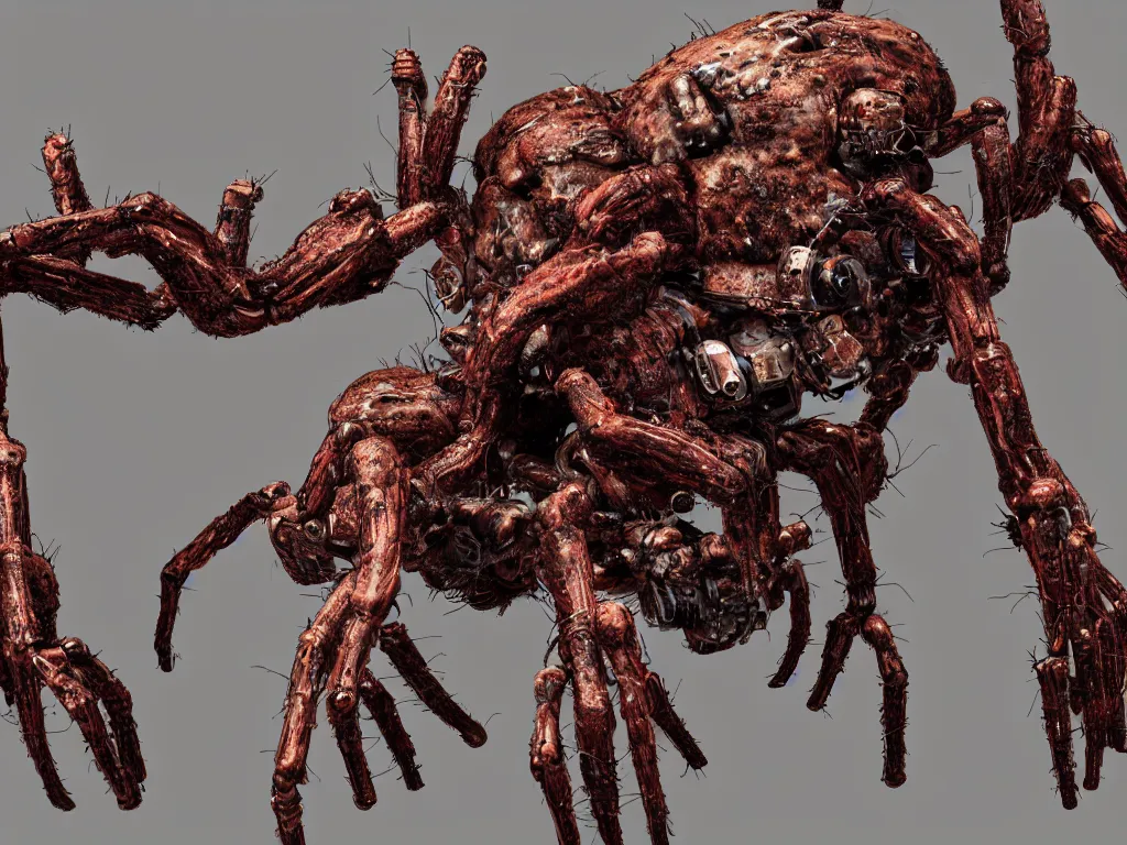 Prompt: Techno-biological iron-meat spider with big artillery cannon on his head consisting of tumors, veins, guts, kidneys, wires, long spider paws, chitin, bones. Bodyhorror, biopunk, extremely high detail, ultra realistic, photorealism, concept art, octane render, view from a distance, 8k, 16k