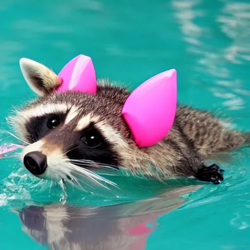 Prompt: a cute photo of a raccoon swimming in a pool, the raccoon is wearing a pink flamingo shaped floaty