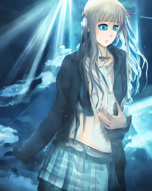 Image similar to a teenage girl on a haunted ship, full shot, very anime, digital art, captures emotion and movement, ambient lighting, perfect composition, dynamic lighting, detailed face, very extremely detailed blue eyes, smooth shading